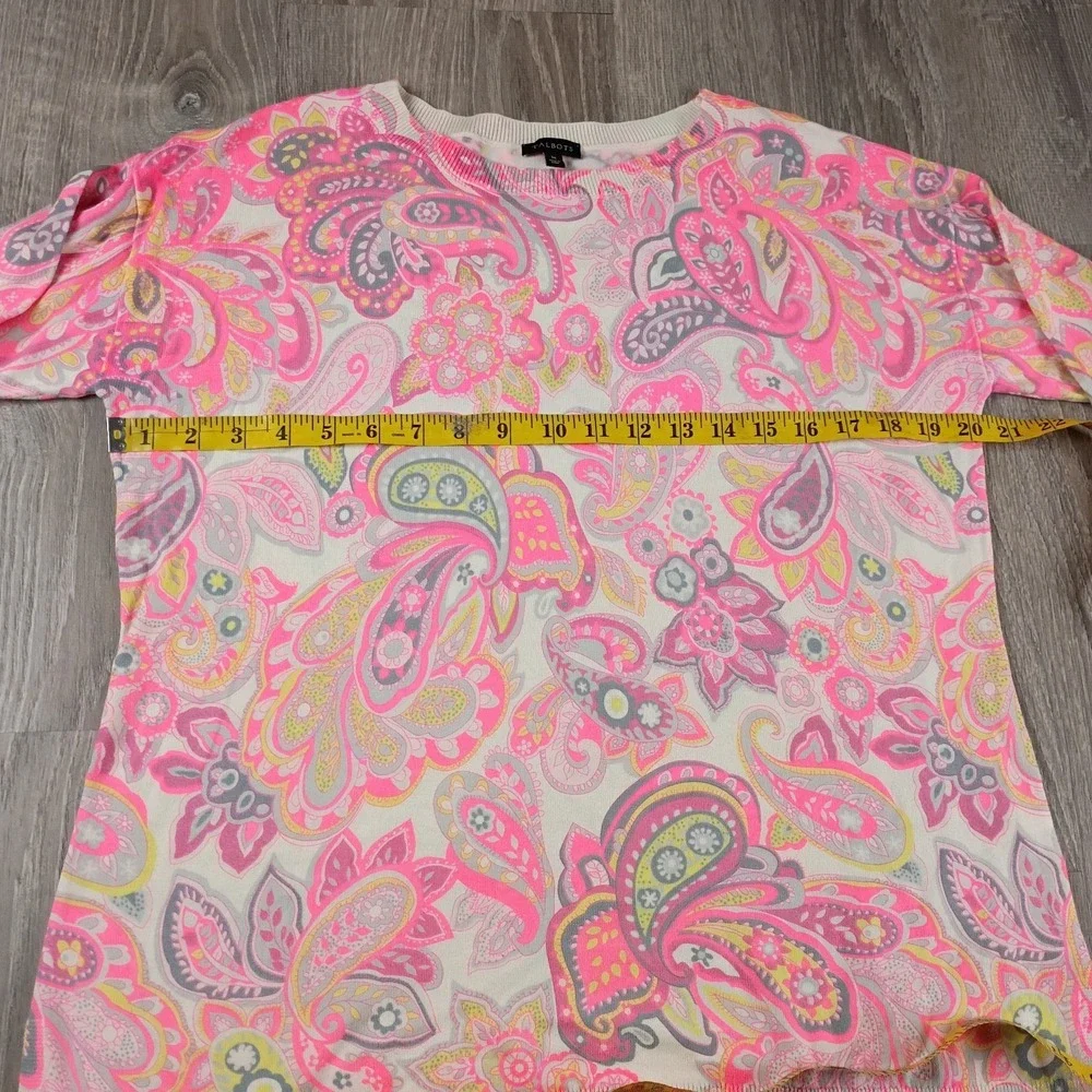 Talbots Neon Pink Paisley Crewneck Sweater soft/ lightweight size Medium